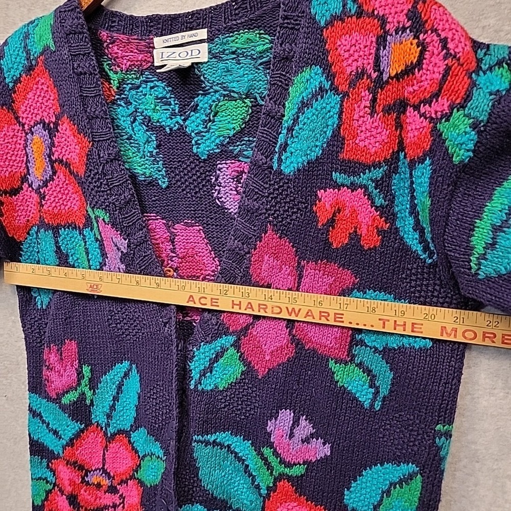 Vintage Izod Sweater Women M Floral Cardigan Hand Knit Cotton Blend Vibrant Rare - Picture 11 of 16